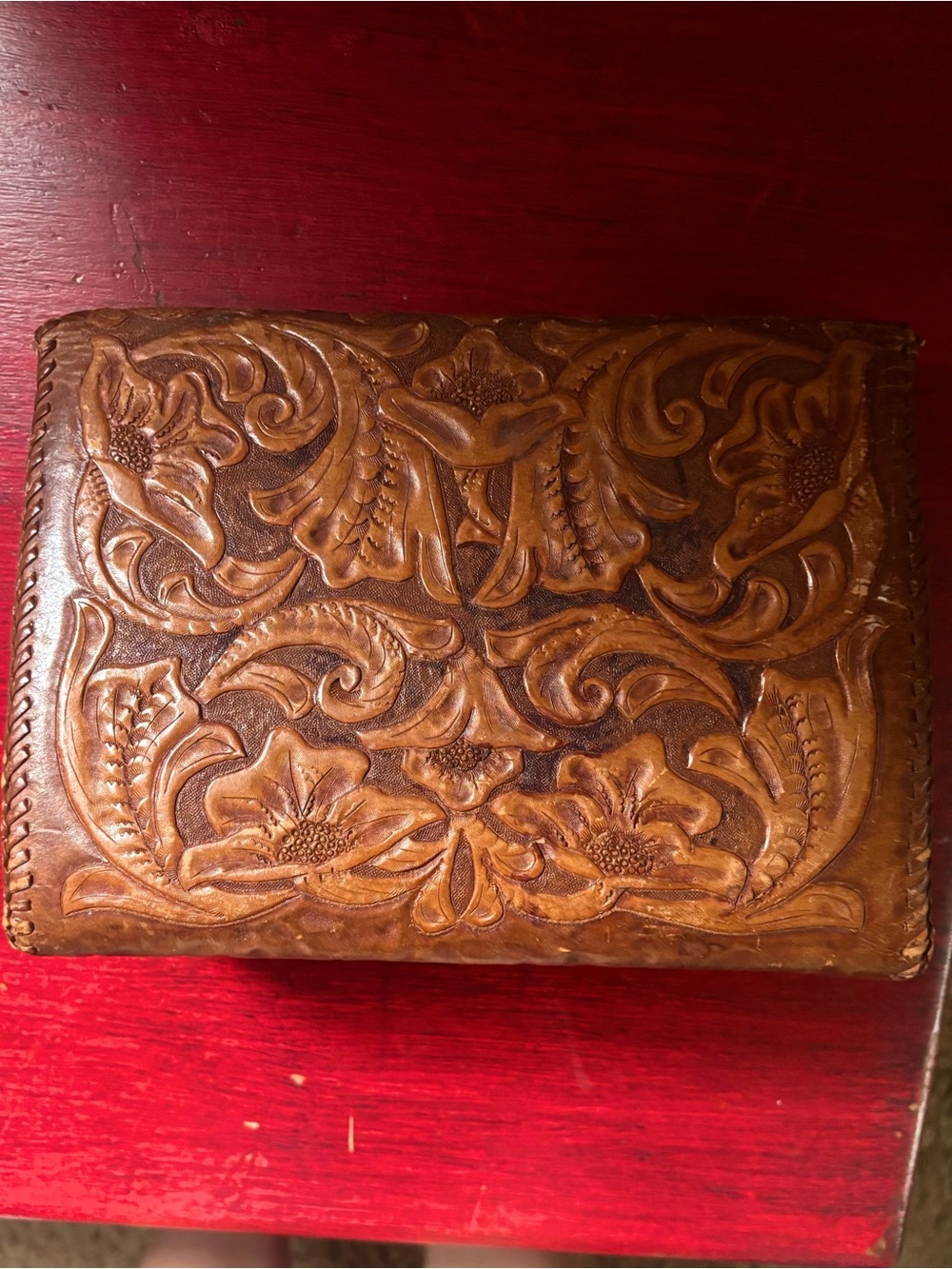 VINTAGE 1950s — Hand-Tooled Floral Leather Satchel Purse - Picture 3 of 6